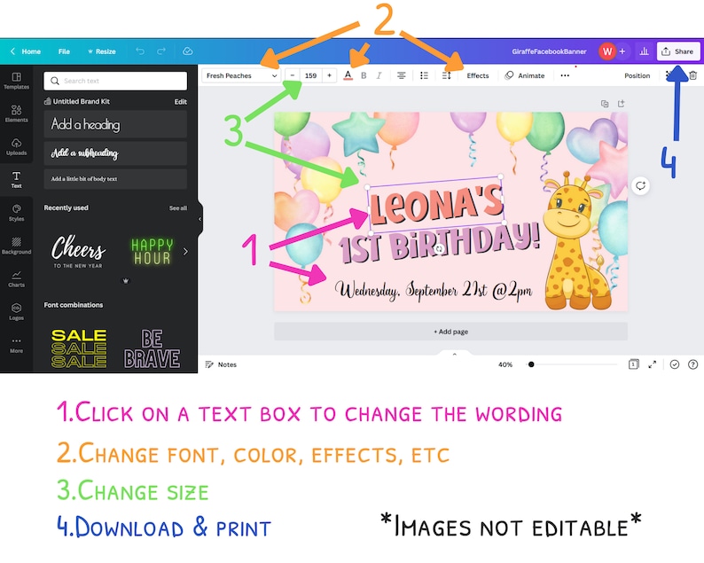 May include: A pink and yellow birthday banner featuring a giraffe illustration and balloons. The banner reads "Leona's 1st Birthday!" and includes the date and time of the event. The banner is editable and can be personalised with different text and colours.