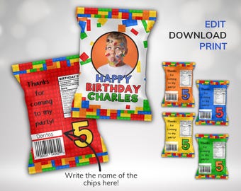 Building Block Chip Bag Wrappers: Editable Birthday Labels (Digital Download)