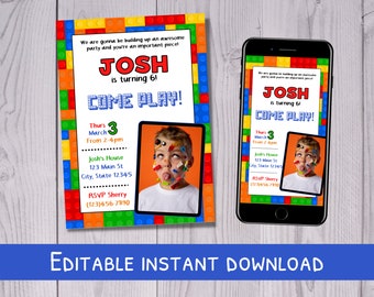 Building Blocks Birthday Invitation with Photo (Digital Invitation)