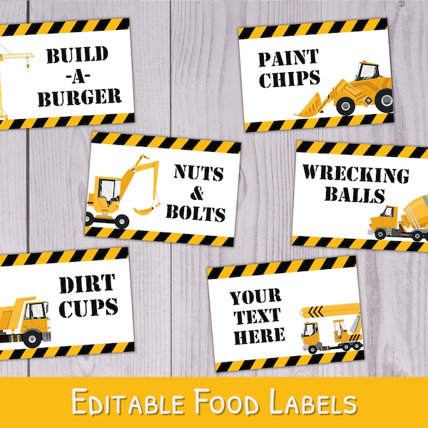 Construction Party Food Labels - Printable Construction Food Tent - Construction Birthday Party Food Labels WPW009