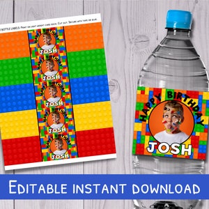 Building Block Water Bottle Labels - Editable Water Bottle Labels - Building Brick Custom Drink Labels - Boy Birthday