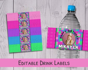 Building Block Water Bottle Labels - Editable Water Bottle Labels -  Personalized Birthday Decorations -Custom Drink Labels - Building Brick