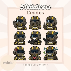 Könnte beinhalten: Neun Cartoon-Emotes eines Soldaten mit braun-gelbem Helm und Rüstung. Die Emotes zeigen verschiedene Ausdrücke und Aktionen, darunter Daumen hoch, eine Waffe halten und ein Herz zeigen. Der Text "Helldivers Emotes" steht oben.