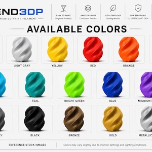 May include: A BEND3DP product chart displaying 17 available colours of 3D print filament, each shown as a twisted cylindrical sample. Colours include white, light grey, yellow, red, orange, hi-viz, cyan, teal, bright green, blue, purple, dark grey, black, bronze, gold, and metallic silver.