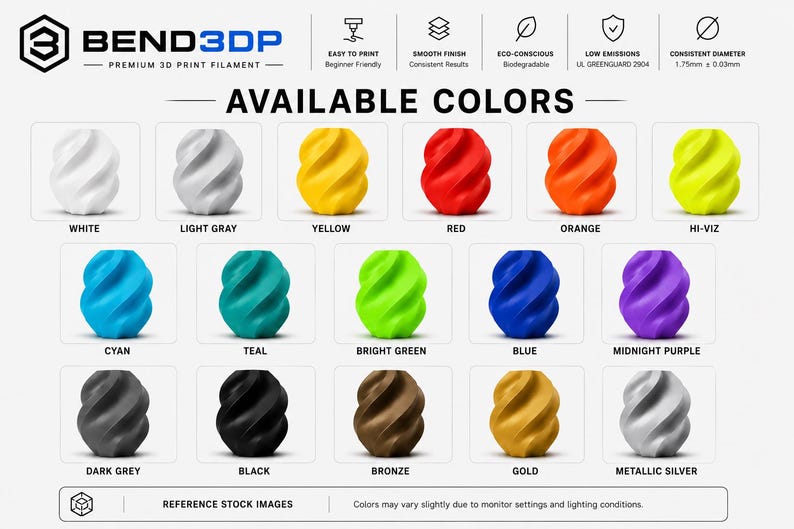 May include: A BEND3DP product chart displaying 17 available colours of 3D print filament, each shown as a twisted cylindrical sample. Colours include white, light grey, yellow, red, orange, hi-viz, cyan, teal, bright green, blue, purple, dark grey, black, bronze, gold, and metallic silver.