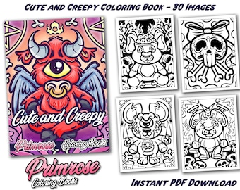 May include: A coloring book cover with the title "Cute and Creepy" and a red, winged creature with one large eye. The cover also features the text "Primrose Coloring Books".