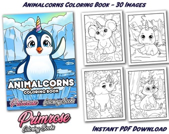 Primrose Coloring Books - 30 Page Animalcorns Unicorn Coloring Book Super Cute For Adults and Kids DIGITAL PDF DOWNLOAD Coloring Pages
