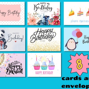 8 Pack Birthday Cards - 5x7 folded - Assorted Happy Birthday - Blank Inside - Birthday Card Pack - Colorful Birthday Cards