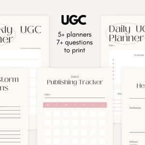 May include: A set of printable planners for daily, weekly, and mental health tracking. The planners are beige with pink accents and include sections for to-do lists, brainstorming questions, and publishing schedules.