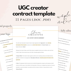 Könnte beinhalten: Ein weißes Dokument mit dem Titel "UGC-Creator-Vertragsvorlage" mit dem Text "11 SEITEN (.DOC .PDF)". Das Dokument enthält den Text "richtig bezahlt werden", "Ihr Logo hinzufügen" und "vollständig bearbeitbar". Das Design ist einfach und modern.