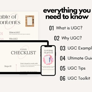 May include: A laptop and a smartphone display a checklist and guide for creating user-generated content (UGC). The checklist includes steps for finding a brand to work with and creating a UGC portfolio. The guide includes information on what UGC is, why it's important, examples, and tips for creating effective UGC.
