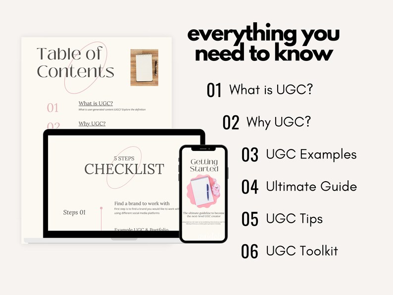 May include: A laptop and a smartphone display a checklist and guide for creating user-generated content (UGC). The checklist includes steps for finding a brand to work with and creating a UGC portfolio. The guide includes information on what UGC is, why it's important, examples, and tips for creating effective UGC.