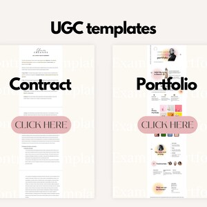 May include: Two images with a light beige background. The image on the left shows a contract template with the text "Contract" in black bold letters and a pink button that says "Click Here". The image on the right shows a portfolio template with the text "Portfolio" in black bold letters and a pink button that says "Click Here".