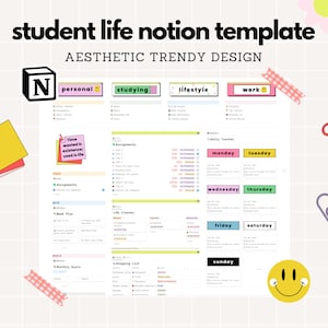 Op de afbeelding: Een kleurrijke Notion-sjabloon voor het studentenleven met secties voor persoonlijk, studeren, levensstijl en werk. De sjabloon bevat een dagelijkse planner, wekelijkse opdrachten, een boodschappenlijst en een sectie voor maandelijkse doelen. De sjabloon is ontworpen in een trendy esthetische stijl.