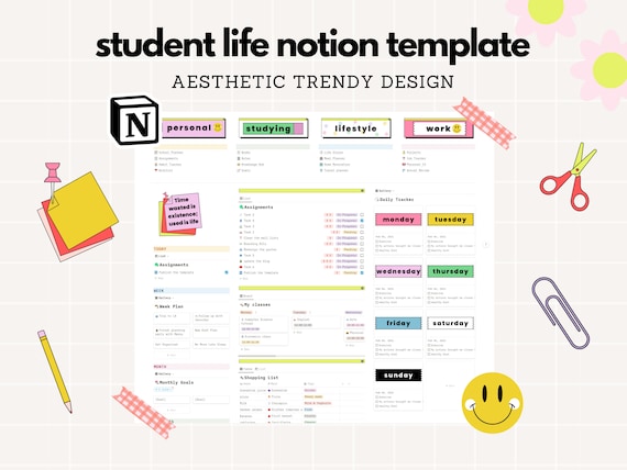 Student Life Notion Template | Notion Academic Planner | Notion College Template | School Assignments Tracker | All In One Life Planner
