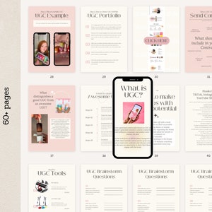 May include: A pink and white guide with the text "the only UGC guide" and "60+ pages". The guide includes several pages with titles such as "UGC Example", "What is UGC?", "UGC Brainstorm Questions", and "Data & KPIs".