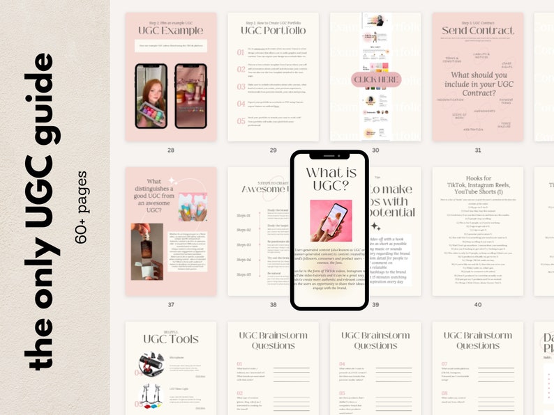 May include: A pink and white guide with the text "the only UGC guide" and "60+ pages". The guide includes several pages with titles such as "UGC Example", "What is UGC?", "UGC Brainstorm Questions", and "Data & KPIs".