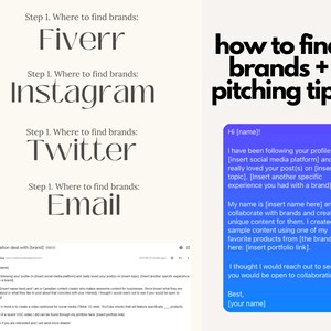 May include: A blue and white graphic with the text "how to find brands + pitching tips". The graphic also includes a blue box with text that reads "Hi [name]!". The text in the box provides tips on how to reach out to brands for collaboration.