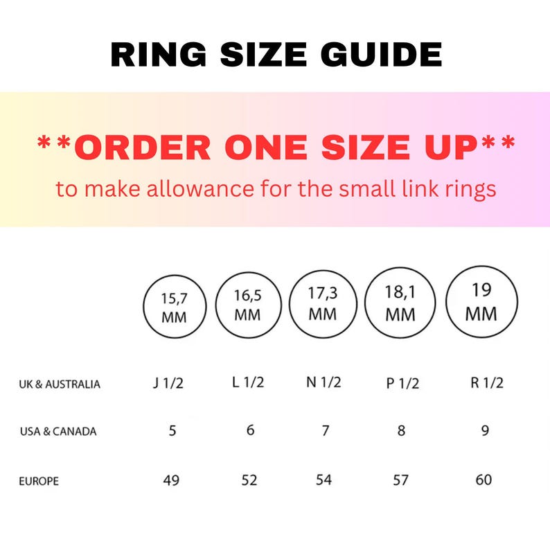 May include: Ring size guide chart with measurements in millimeters and corresponding sizes in UK & Australia, USA & Canada, and Europe. The chart instructs to order one size up to make allowance for the small link rings.