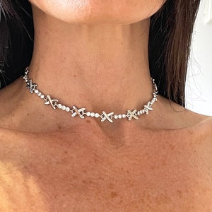 Silber und Kristall Kuss Kreuz Choker Halskette, Silber Choker Halskette, Silber Kreuz Halskette, Silber Gemma Halskette, Kreuz Choker Halskette