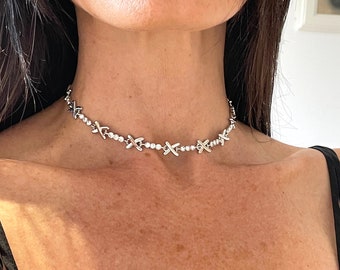 Silver and Crystal Kiss Cross Choker Necklace, Silver Choker Necklace, Silver Cross Necklace, Silver Gemma Necklace, Cross Choker Necklace