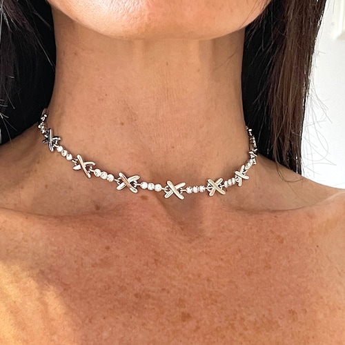Silver and Crystal Kiss Cross Choker Necklace, Silver Choker