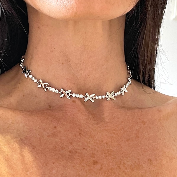 Silver and Crystal Kiss Cross Choker Necklace, Silver Choker Necklace, Silver Cross Necklace, Silver Gemma Necklace, Cross Choker Necklace