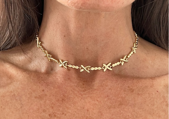 All Gold Kiss Cross Choker Necklace Gold Gemma Necklace Gold Cross Necklace Etsy