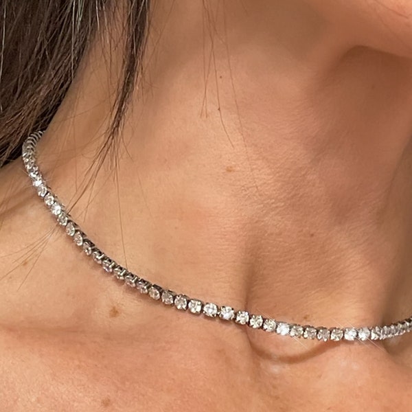 Diamond Tennis Necklace, Silver Tennis Choker Necklace, Cubic Zirconia Necklace, Tennis Necklace, Bridal Necklace, Silver Diamond Necklace