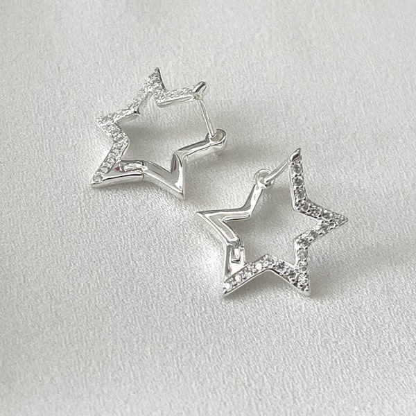 Silver Star Huggie Earrings with Cubic Zirconia, Silver Earrings, Silver Diamond Star Earrings, Sterling Silver