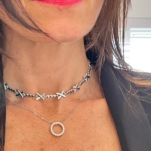 All Silver Kiss Cross Choker Necklace, Silver Gemma Necklace, Silver Cross Necklace, Choker Necklace, Cross Choker Necklace