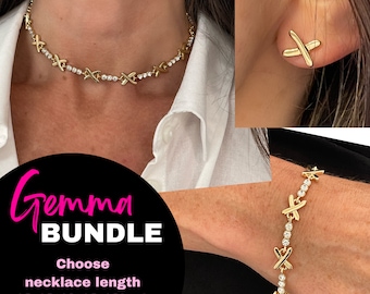 Kiss Cross Choker Necklace, Kiss Cross Necklace, Bracelet, Earrings Bundle, Gemma Necklace, Gold Choker Necklace