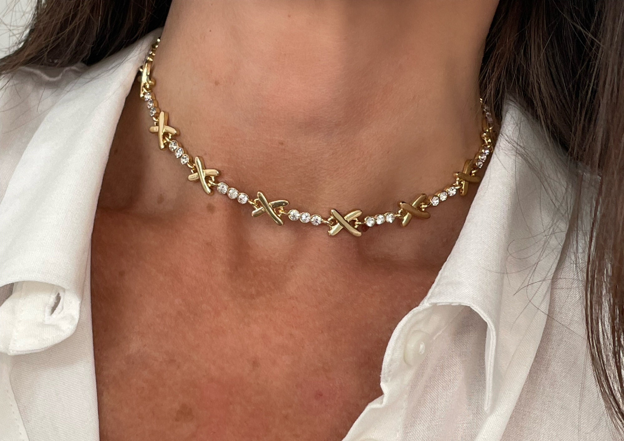 Cross choker necklace 2 mm 925 gold plated silver and white crystal |  online sales on HOLYART.com