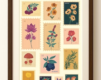 Vintage Stamp Botanical Art Print, Collage Wall Decor (Digital Print)