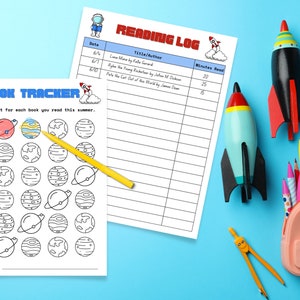 May include: A printable reading log and book tracker for kids. The reading log has a space for the date, title, author, and minutes read. The book tracker has a space to color a planet for each book read. The image also includes a rocket, pencils, and a pencil case.