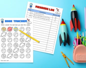 May include: A printable reading log and book tracker for kids. The reading log has a space for the date, title, author, and minutes read. The book tracker has a space to color a planet for each book read. The image also includes a rocket, pencils, and a pencil case.