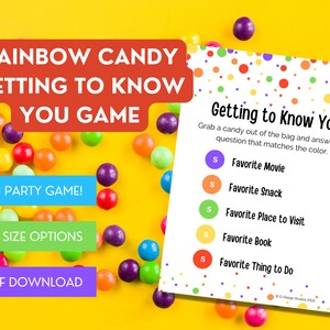 May include: A printable game card with colorful polka dots and the text "Getting to Know You". The card instructs players to grab a candy out of a bag and answer the question that matches the color of the candy. The questions include "Favorite Movie", "Favorite Snack", "Favorite Place to Visit", "Favorite Book", and "Favorite Thing to Do".