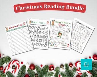 May include: A bundle of Christmas-themed reading activity sheets. The bundle includes a reading log, a book tracker with coloring elements, and two Christmas reading bingo cards. The title "Christmas Reading Bundle" is displayed in a red banner.