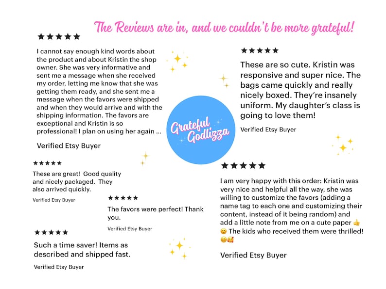 May include: A graphic display featuring the text The Reviews are in, and we couldn't be more grateful! at the top, with a central blue circle containing the text Grateful Godlizza, surrounded by six five-star customer reviews and yellow star icons.