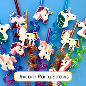 May include: A collection of colorful plastic curly straws featuring attached silicone unicorn figures. The unicorns appear in various poses and colors, including white, pink, and green. The straws are translucent in shades of blue, red, orange, purple, and green. The text "Unicorn Party Straws" is printed at the bottom.