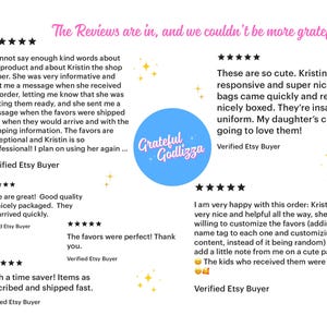 May include: Image featuring customer reviews for a product, with text that reads "The Reviews are in, and we couldn't be more grateful!" A blue circle with the words "Grateful Godlizza" is in the center. Gold star graphics are scattered around the text.
