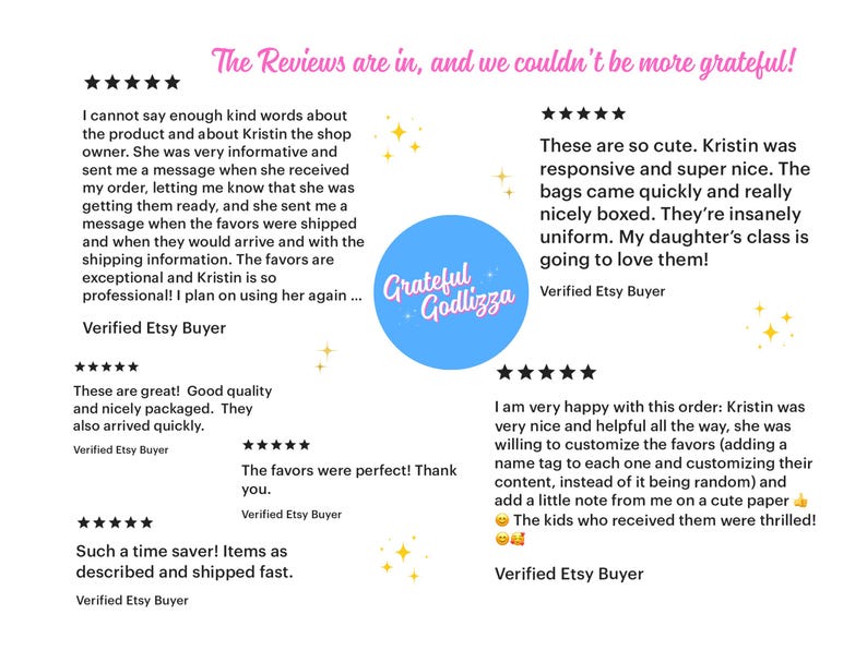 May include: Image featuring customer reviews for a product, with text that reads "The Reviews are in, and we couldn't be more grateful!" A blue circle with the words "Grateful Godlizza" is in the center. Gold star graphics are scattered around the text.