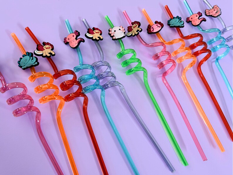 Cute Axolotl Character Drinking Straw Party Supplies Kids Birthday Party Accessory Spiral Design Plastic Straw Silicone Topper Random Color Selection Fun Novelty Drink Decoration Reusable Party Supply Kawaii Style Design Children