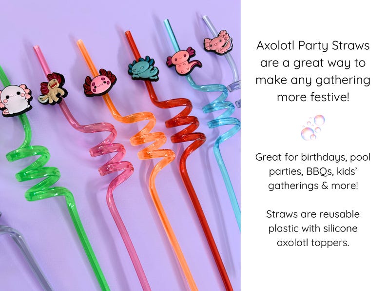 Birthday Party Supplies Axolotl Character Straw Fun Drinking Supply Kids Birthday Celebration Theme Spiral Design Pattern Silicone Character Topper Random Color Selection Reusable Party Essential Novelty Gift Idea Children Party Supply Fun