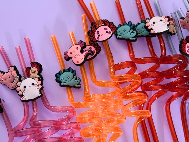 Kids Party Supplies Axolotl Themed Drinking Straw Birthday Celebration Accessory Fun Character Design Silicone Topper Spiral Pattern Straw Reusable Party Supply Random Color Option Children Birthday Gift Idea Novelty Drink Accessory Party