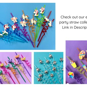 May include: A collection of colorful party straws with decorative toppers, including unicorns, disco balls, and art-themed designs. The straws are arranged on blue and purple backgrounds. Text on the image reads: Check out our entire party straw collection! Link in Description!