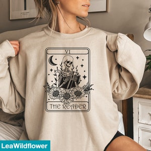 Book Lover Sweatshirt, bookish Sweatshirt, Literary Shirt, Skeleton crewneck, The Reader Tarot Card, Gift For Her, Halloween Sweatshirt