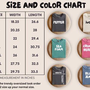 May include: Size chart for t-shirts with measurements in inches.  The chart shows the width and length of each size from S to 4XL.  The colors available are: Pepper, Ivory, Sea Foam, Crunch Berry, and Blue Jean.