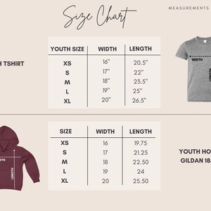 May include: Size chart for youth t-shirts and hoodies. The chart shows measurements in inches for width and length. The youth t-shirt sizes range from XS to XL, with widths from 16" to 20" and lengths from 20.5" to 26.5". The youth hoodie sizes are also listed.