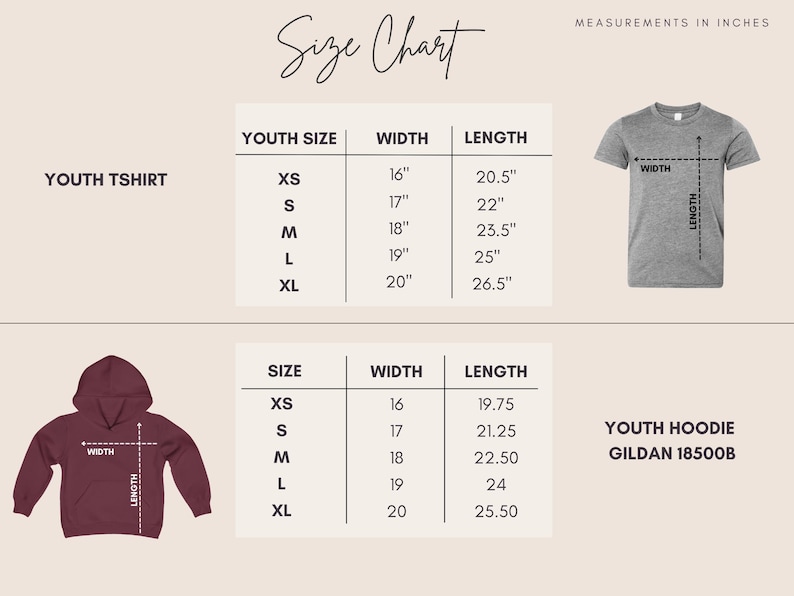 May include: Size chart for youth t-shirts and hoodies. The chart shows measurements in inches for width and length. The youth t-shirt sizes range from XS to XL, with widths from 16" to 20" and lengths from 20.5" to 26.5". The youth hoodie sizes are also listed.